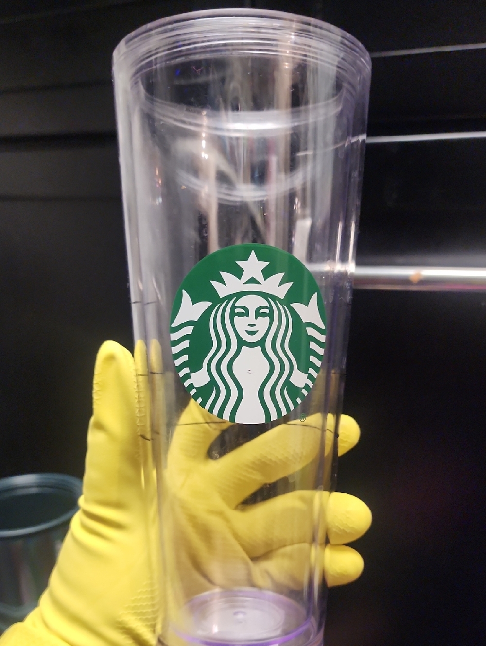Starbucks Clear Tumbler with Green Siren Logo and Yellow Gloved Hand